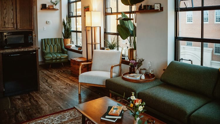 mid-century modern apartment living room with no one in it