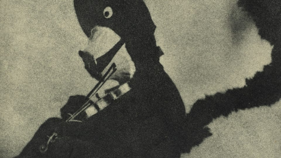 black and white art depicting a shadowy puppet-like cat playing a fiddle